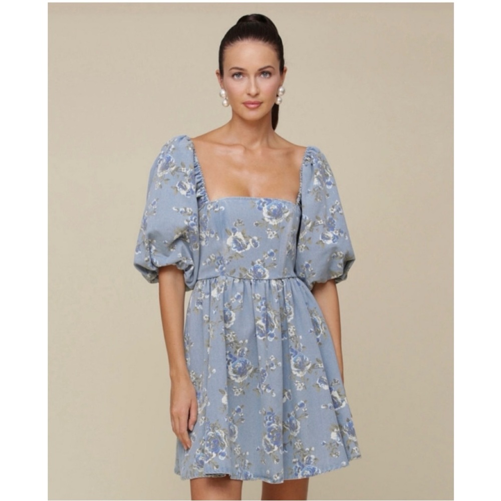SOLD OUT❗️ Blue Floral Puff Sleeve Dress (M) - Picture 5 of 7